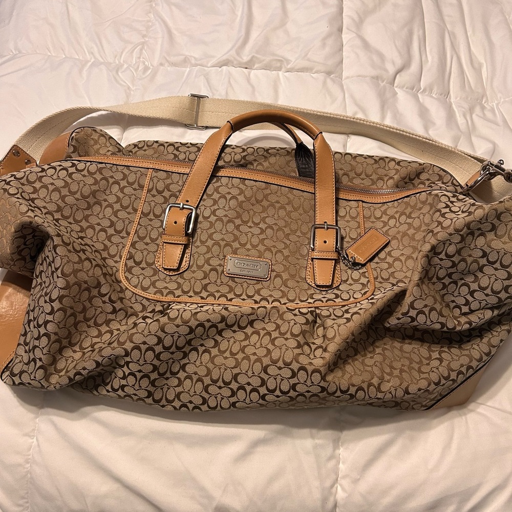 Coach Brown Signature Canvas Duffel with Tan Leather Trim